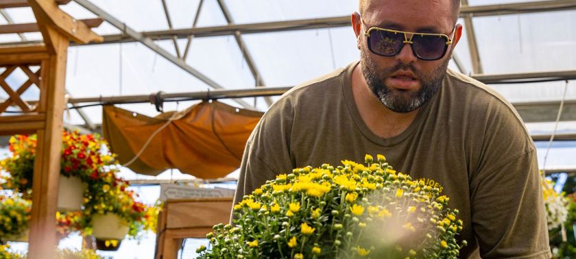 Man wearing sunglasses working in greenhouse looking at yellow flowers.