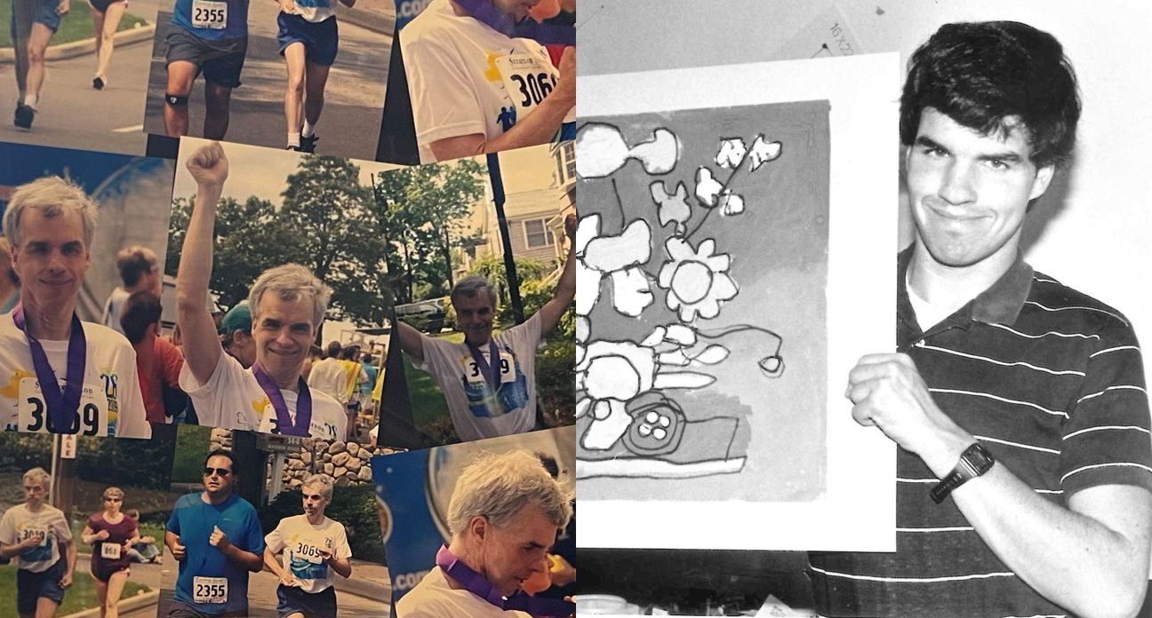A collage of photos of Mickey Daly running a marathon and holding his artwork.