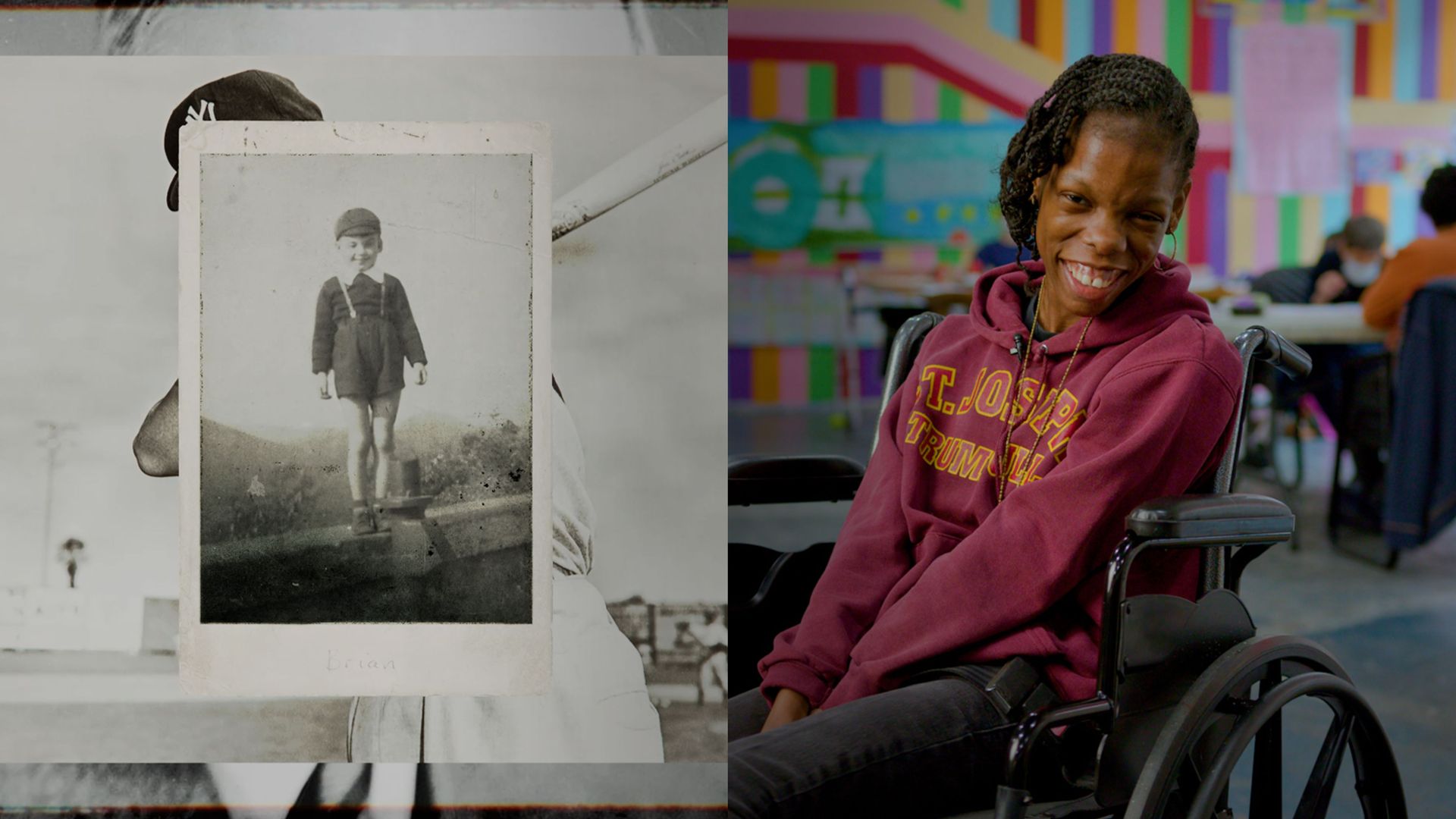 A childhood photo of Brian Kennedy next to a photo of a woman smiling in a wheelchair.