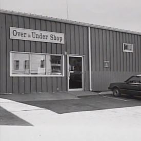 Black and white photo of the over and under shop.