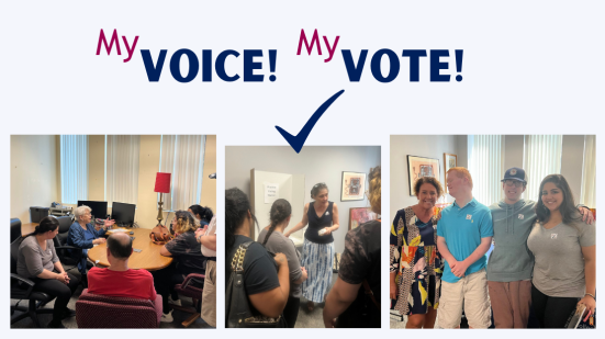 Collage of three images of people talking with text "My Voice! My Vote!"