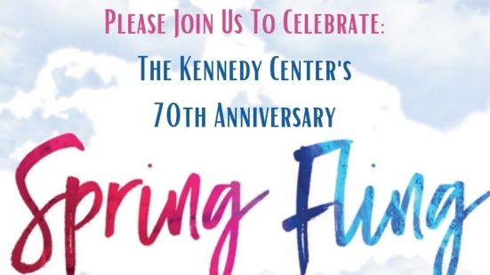A graphic that reads, "Please Join Us To Celebrate: The Kennedy Center's 70th Anniversary Spring Fling" with pink and blue text on a cloudy background.