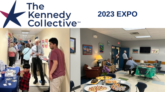 Group of people in two rooms gathering together with text "2023 EXPO"